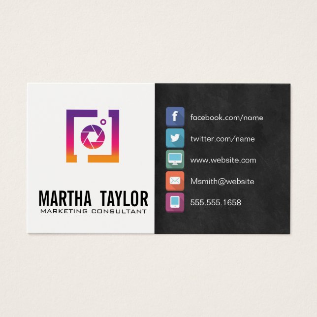 Marknadsföring | Social Media Camera Shutter Icon Visitkort (Framsidan)