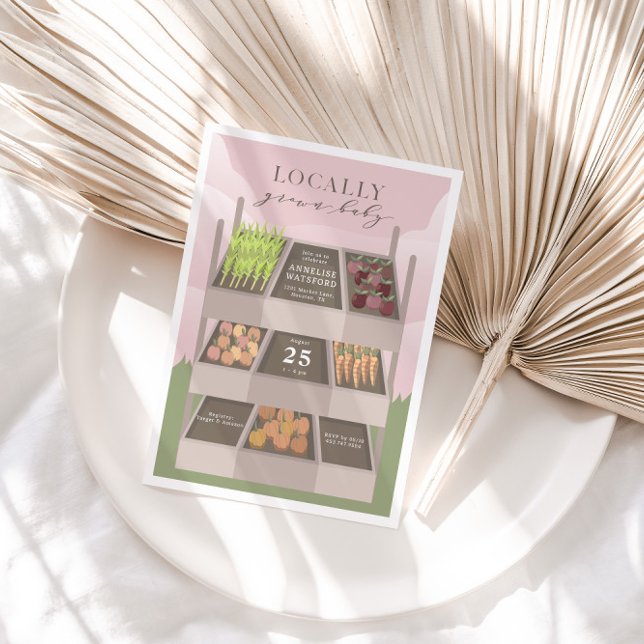 Marknadsföringsskor för lokalt odlad Rosa Inbjudningar (100% Organic, Locally Grown Baby! Physical invitation preview)