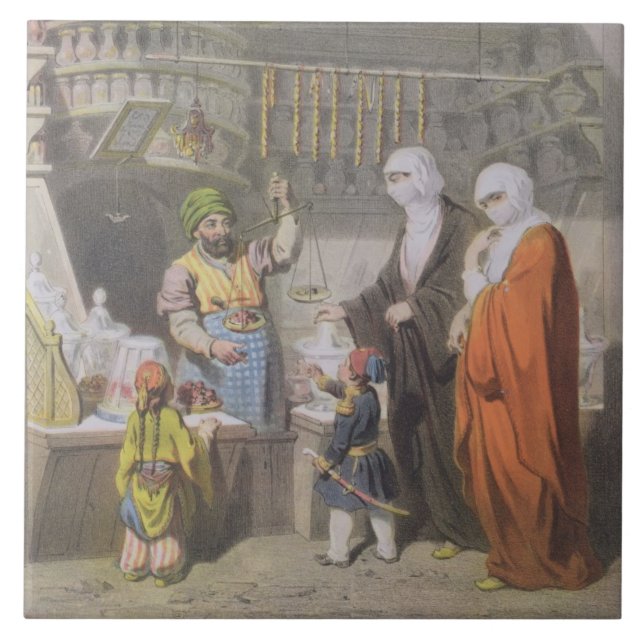 Marknadsförsäljare som säljer kryddade läckerhetar kakelplatta (Framsidan)