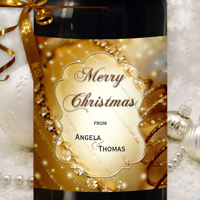 Märkning Vin vid Anpassningsbarna i Guld Vinflaska Etikett (Festive Christmas holidays wine label featuring a sparkling gold design with crystals)