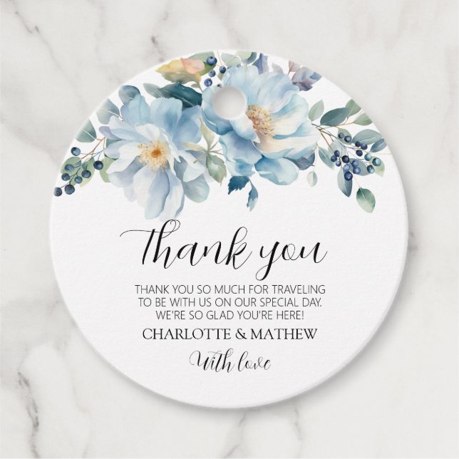 märkre av elegantens dammiga blå blommigt: "Främja Gåvor Etiketter (Framsida)