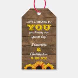 Märkre av solblommor och Rustic Wood Bröllop Tack Presentetikett