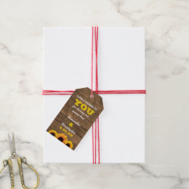 Märkre av solblommor och Rustic Wood Bröllop Tack Presentetikett