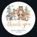 Märkre av Winter Woodland Forest Baby Shower Tack Runt Klistermärke<br><div class="desc">Märkre av Winter Woodland Forest Baby Shower Tack</div>