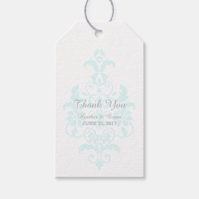 Märkre för Aqua Subtle Damask Wedding Gift Presentetikett (Framsidan)
