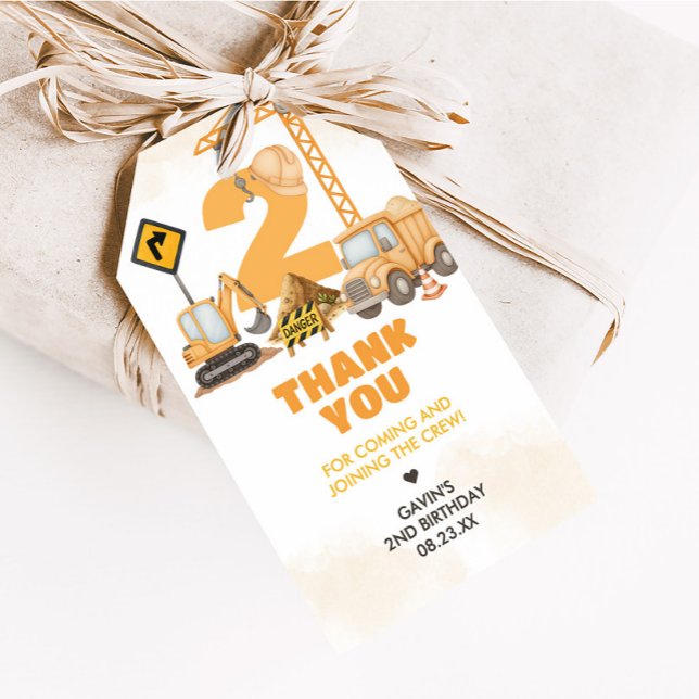 Märkre för att gynna andra födelsetalet presentetikett (Construction Truck 2nd Birthday Party Favor Tags)
