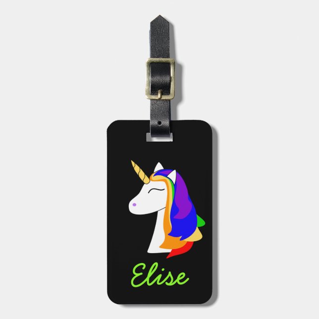 Märkre för bagage för svart för regnbågehårunicorn bagagebricka (Vertikal Framsida)