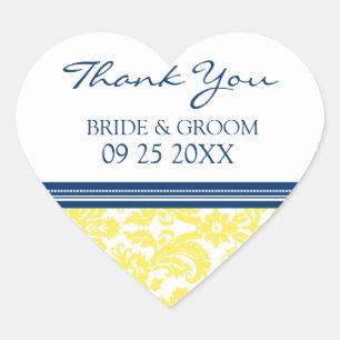 Märkre för Blått Lemon Damask Tack Wedding Favor Hjärtformat Klistermärke