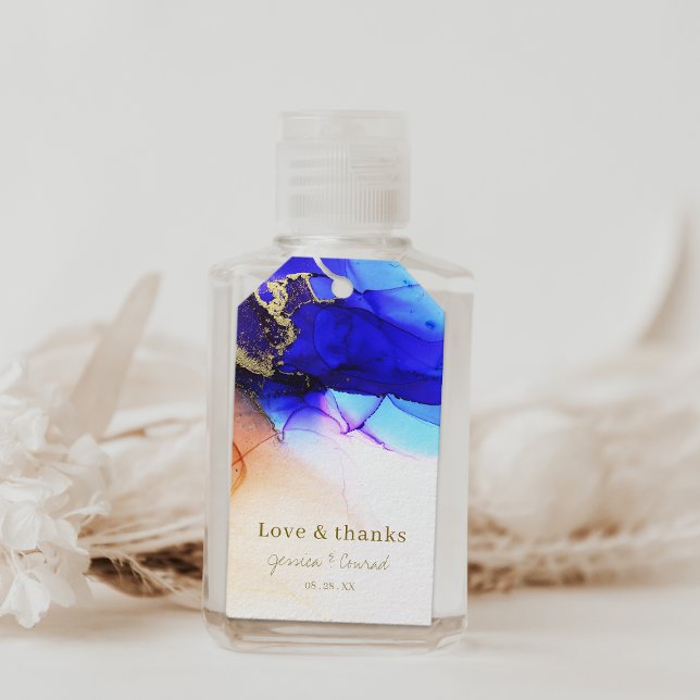 Märkre för Blått Orange Guld med namnet Bröllopsfö Presentetikett (Blue Orange Gold Named Wedding Favor Gift Tags.)