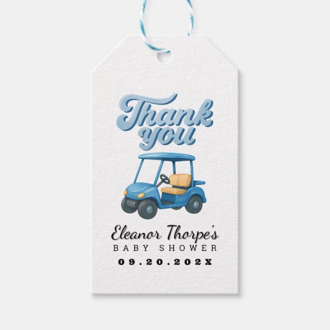 Märkre för Blue Golf Baby Shower-Tack Presentetikett (Framsidan)