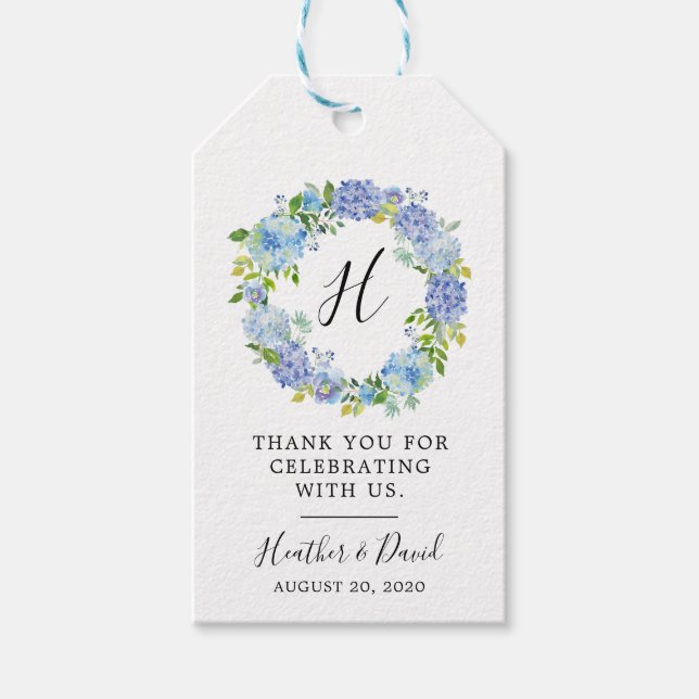 Märkre för Blue Hydrangea Blommigt Wedding Favor Presentetikett (Framsidan)