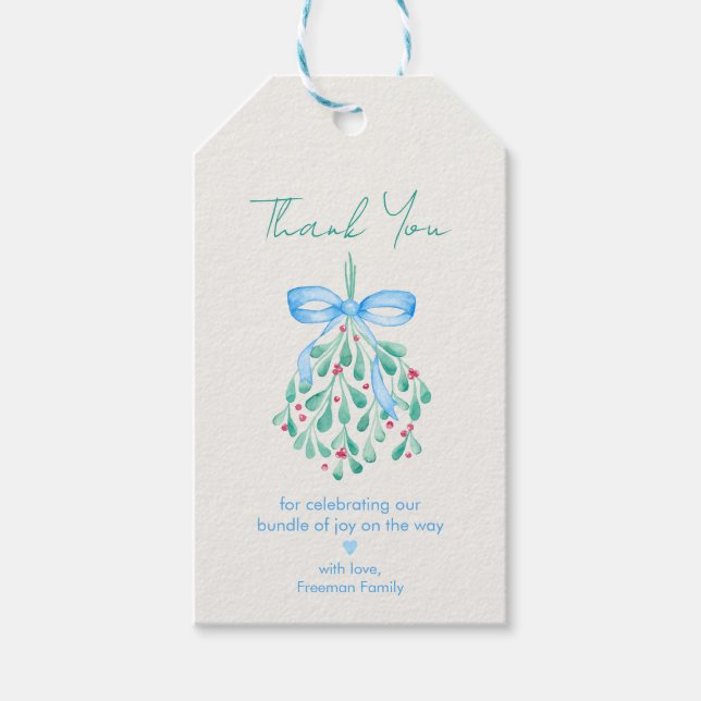 Märkre för Blue Mistletoe Baby Shower Presentetikett (Framsidan)