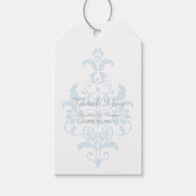 Märkre för Blue Subtle Damask Wedding Gift Presentetikett (Framsidan)