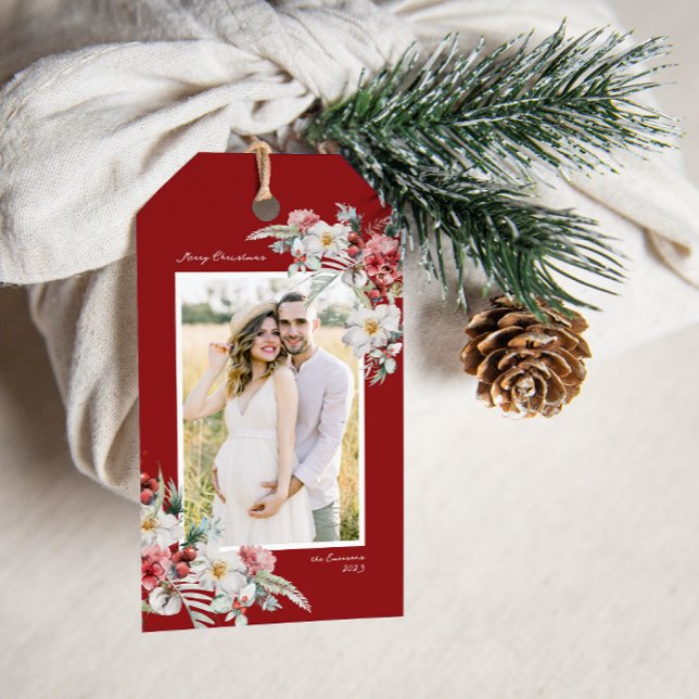 Märkre för botaniskt gåvofoto-jul presentetikett (Holiday Red Photo Merry Christmas Gift Tag With Message Watercolor Berries Floral Boho Chic)