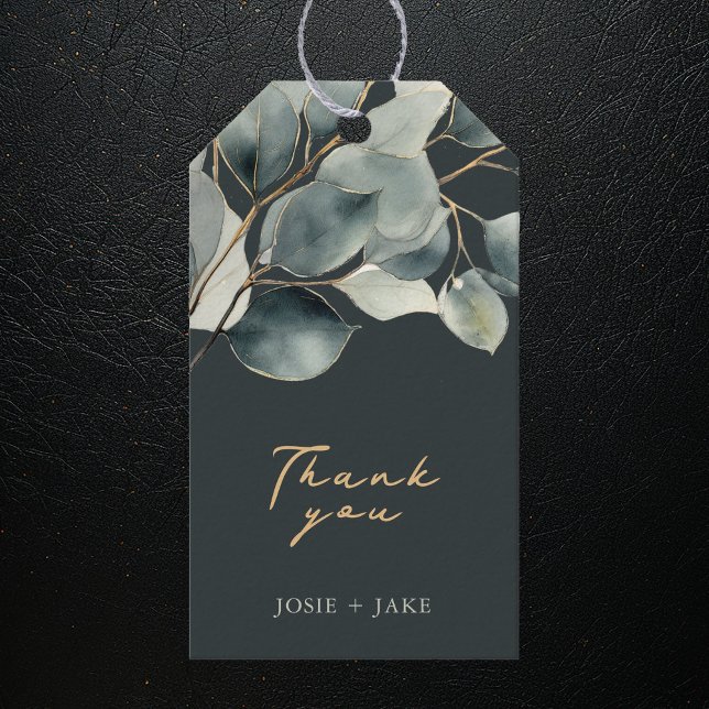 Märkre för bröllopsförmån för Eucalyptus gren söt  Presentetikett (Dark green and gold Eucalyptus branch pretty leaves wedding favor tag)