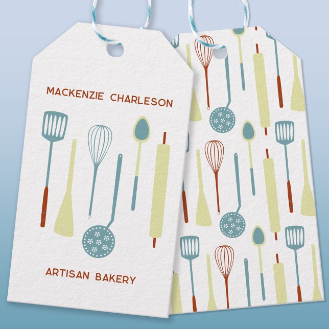 Märkre för Catering av  för köksbakverk Presentetikett (Custom retro kitchen utensil design tag for catering business, bakery, cafe and restaurant)