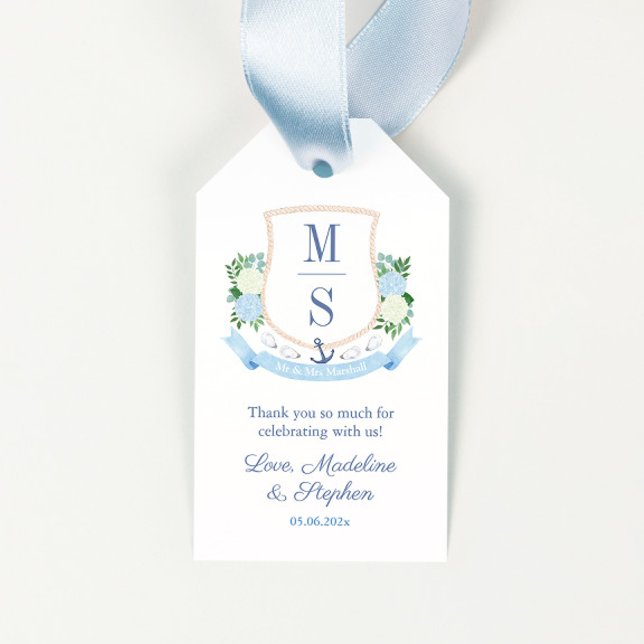 Märkre för elegant för kustmonogramsbröllop presentetikett (Elegant coastal crest couples monogram wedding shower favor tags)
