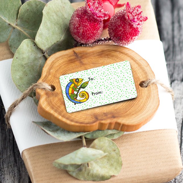 Märkre för färgad ödla Gren Gift Adressetikett (Brightly coloured lizard holding leaf on green polka dots on white gift tag label.)