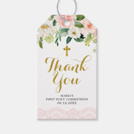 Märkre för First Communion Tack Rosa First Blommig Presentetikett