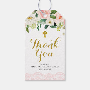 Märkre för First Communion Tack Rosa First Blommig Presentetikett