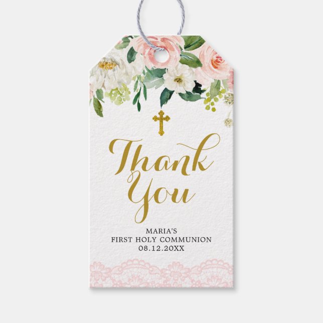 Märkre för First Communion Tack Rosa First Blommig Presentetikett (Framsidan)