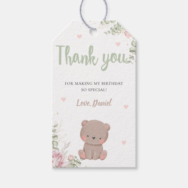 Märkre för första Födelsedagsfesten av nalle Presentetikett (Framsidan)