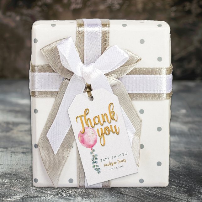 Märkre för Guld Balloon Tack-skript för babyskor f Presentetikett (Pink & Gold Thank You Gift Tag)
