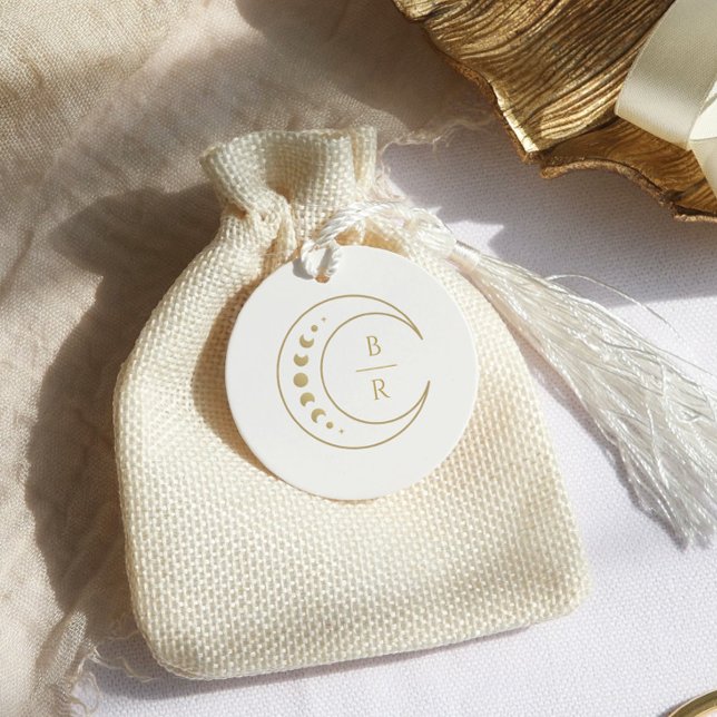 Märkre för guld monogram kelestial bröllopsförmån gåvor etiketter (Skapare uppladdad)