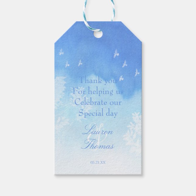 Märkre för handduvor och blått vattenfärgat Tack Presentetikett (Framsidan)