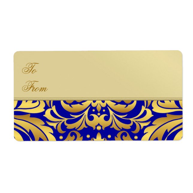Märkre för julgåva från Guld Metall Blue Damask  Fraktsedel (Framsidan)