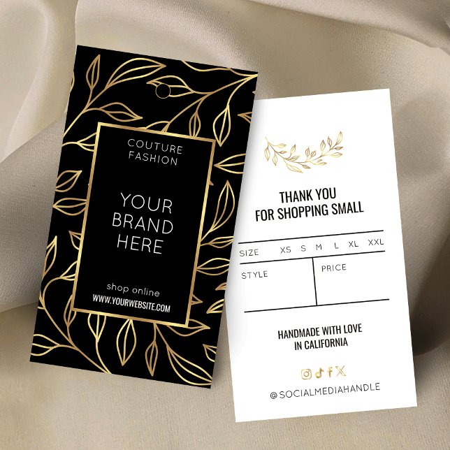 Märkre för modern Black & Guld Blommigt Clothing Visitkort (Modern black and gold floral hang tag labels with faux gold effects )