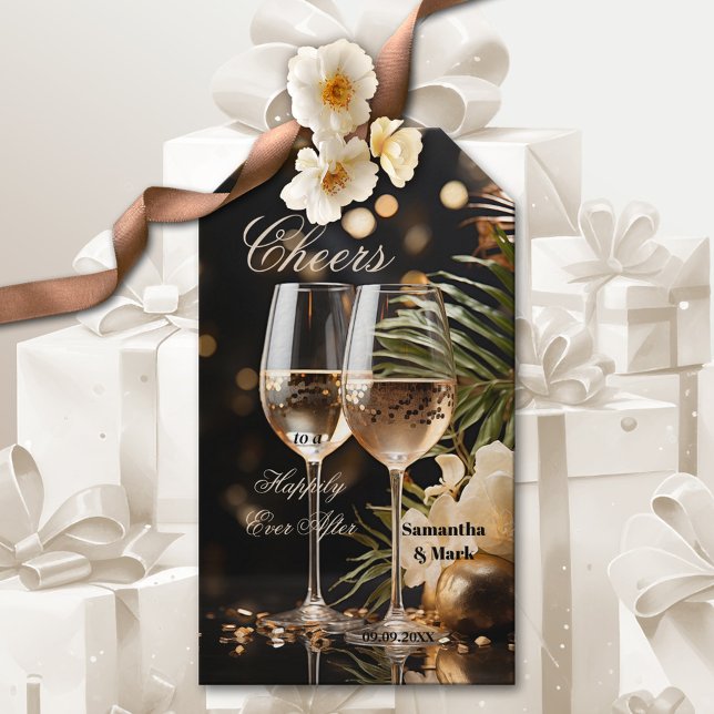 Märkre för mousserande Cheers Festive Bröllop Gift Presentetikett (Elegant wedding gift tag featuring festive drinks with sparkling lights and flowers - newly weds)