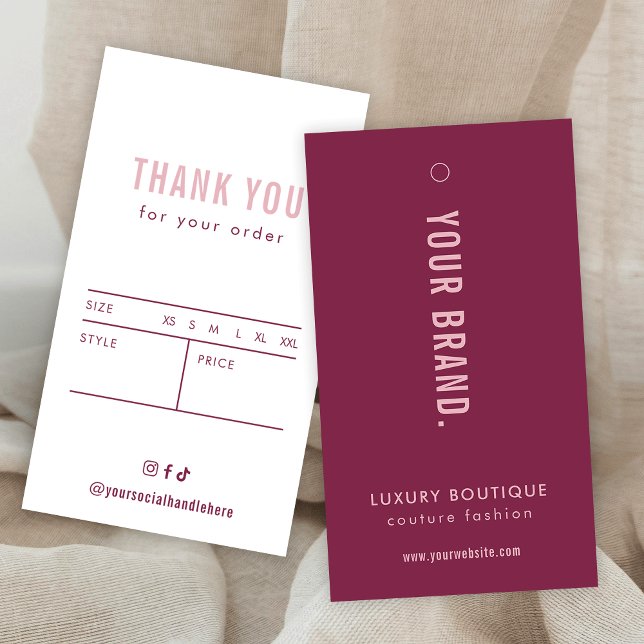 Märkre för neutralt Mulberry & Rosa Clothing Label Visitkort (Neutral Mulberry & Pink Clothing Label Hang Tag with price & size table on the back)