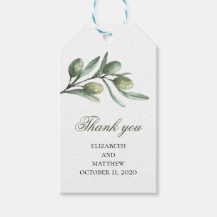 Märkre för olivgåvor. Grönt tack. Bröllop Presentetikett