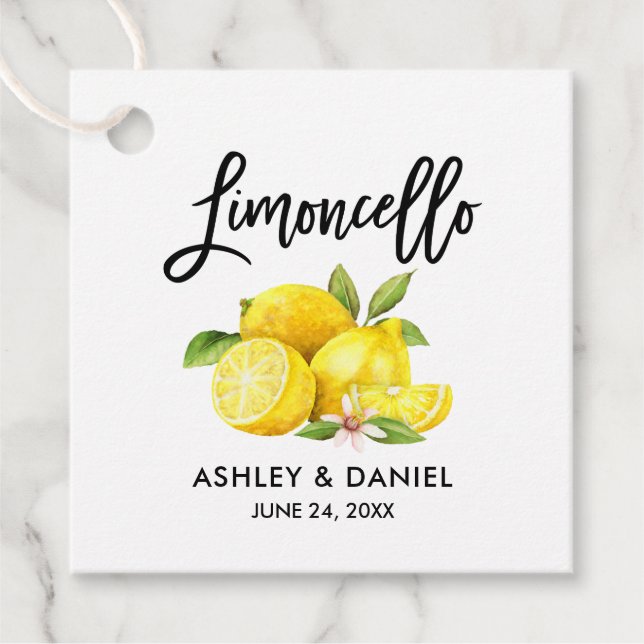 Märkre för penselskriptcitron Bröllop Limoncello-k Gåvor Etiketter (Framsida)