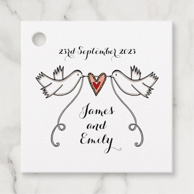Märkre för personlig White Doves Wedding Favor Gåvor Etiketter (Framsida)