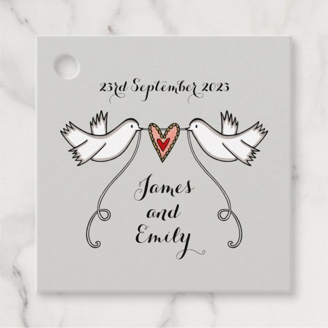 Märkre för personlig White Doves Wedding Favor Gåvor Etiketter (Framsida)