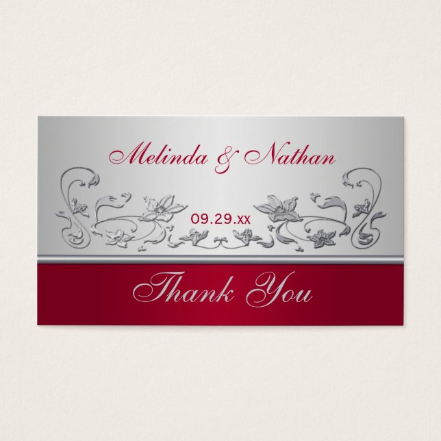 Märkre för rött och Silver-Blommigt-bröllop Visitkort (Framsidan)
