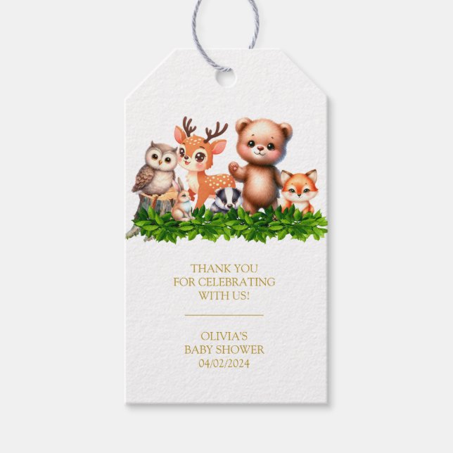 Märkre för skogsdjur Baby Shower-Tack Presentetikett (Framsidan)