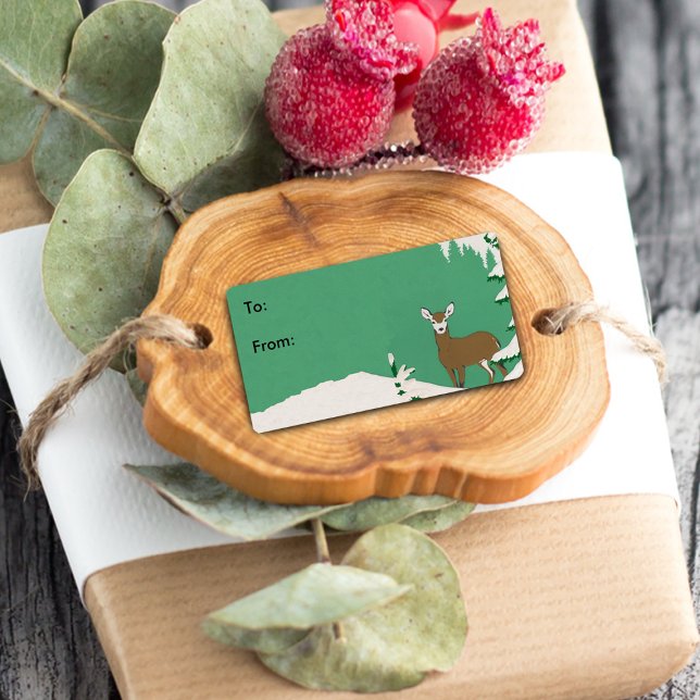 Märkre för Snö Winter Scene Gift Adressetikett (Gift tag label / sticker with brown female doe deer in snow on mint green.)