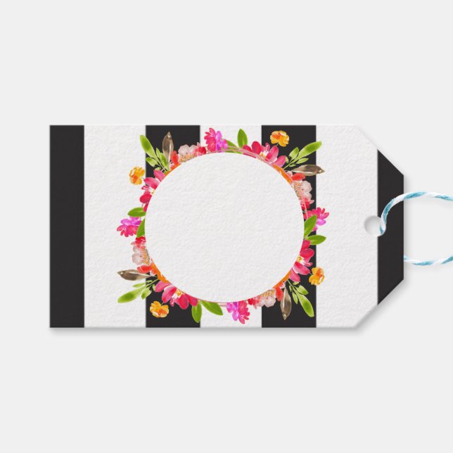 Märkre för Svartvit, stripe-Blommigt Presentetikett (Framsidan (Horisontell))