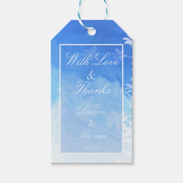 Märkre för Tack av blå och vit vattenfärg Presentetikett (Framsidan)