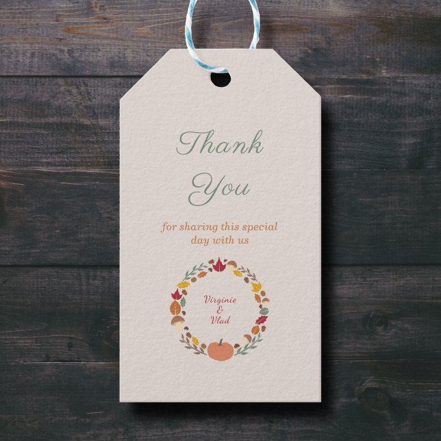 Märkre för Tack av utfall av andedräkt och fall Presentetikett (Fall Wedding Thank You Gift Tag - Front)