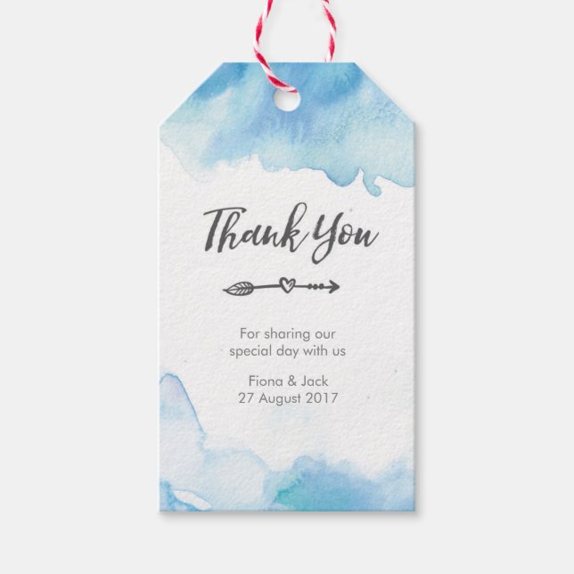 märkre för Tack-bröllopsförmån i blå vattenfärg Presentetikett (Framsidan)