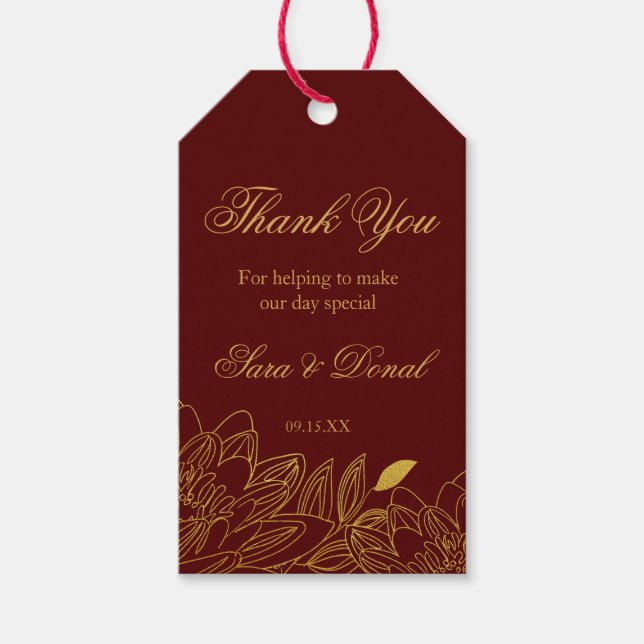 Märkre för Tack för Guld Blommigt Burgundy Wedding Presentetikett (Framsidan)