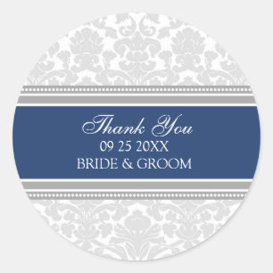 Märkre för Tacken Grått Blue Damask Wedding Favor Runt Klistermärke