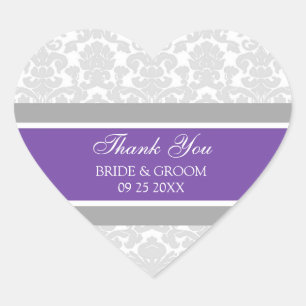 Märkre för Tacken Grått Plum Damask Wedding Favor Hjärtformat Klistermärke