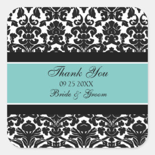 Märkre för Teal Damask Tack Wedding Favor Fyrkantigt Klistermärke
