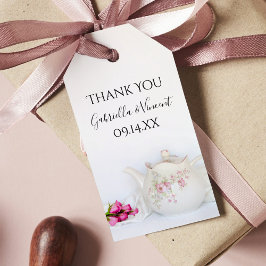Märkre för tekanna- och Rosa ros-bröllopsförmån Presentetikett