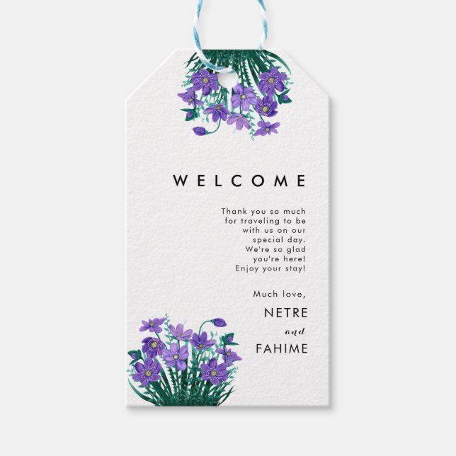 Märkre för välkomstgåva till blommor och vita Löv  Presentetikett (Framsidan)